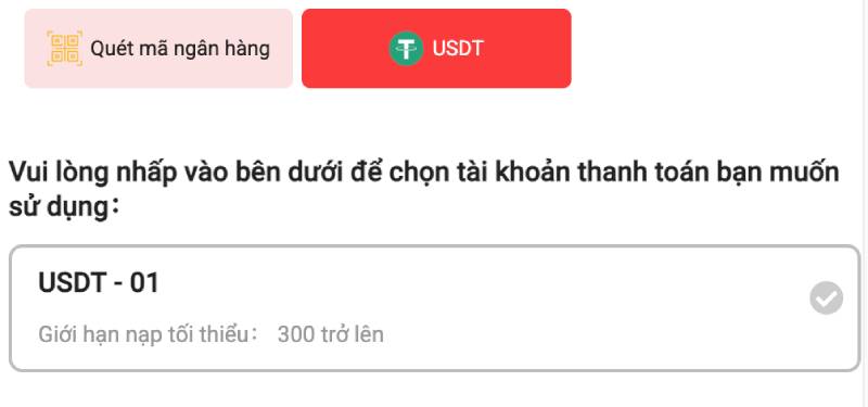 Nạp bằng USDT